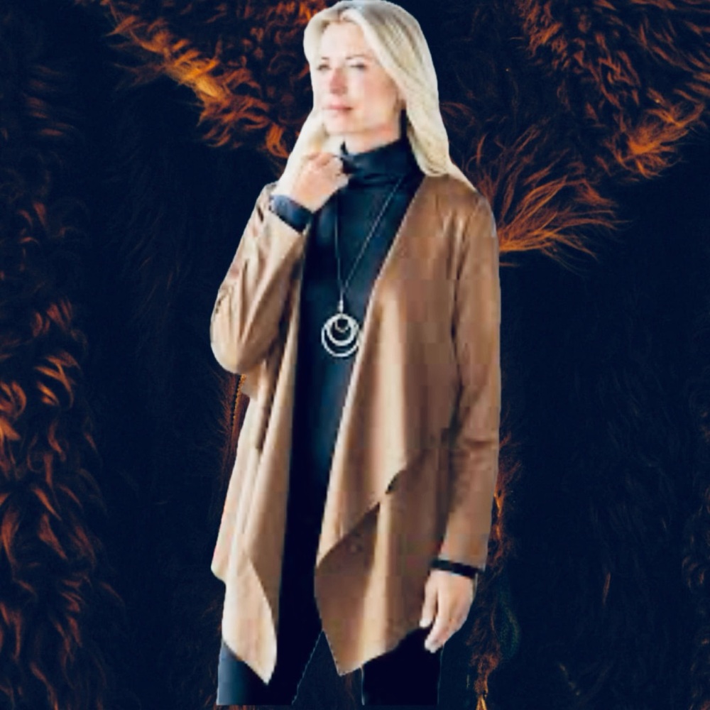 ONE WORLD Faux Suede Draped Boho Waterfall Cardigan